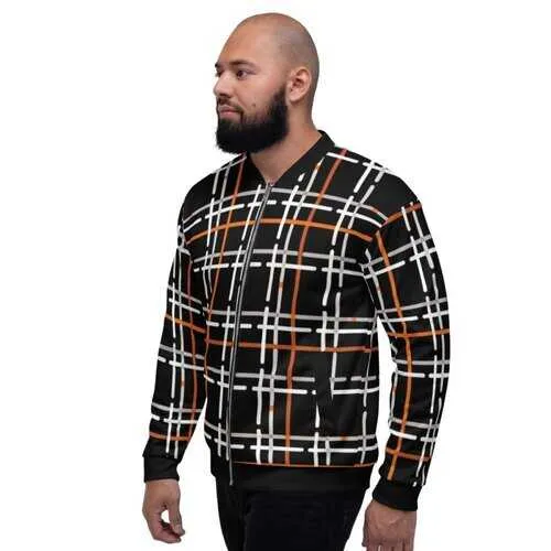 Mens Jackets, Black and Orange Tartan Style Bomber Jacket