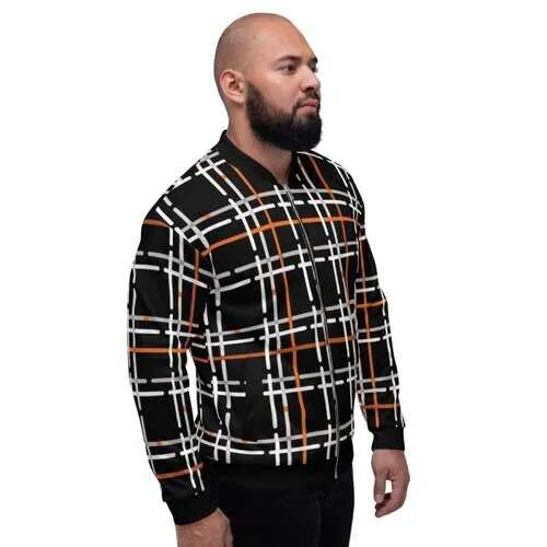 Mens Jackets, Black and Orange Tartan Style Bomber Jacket