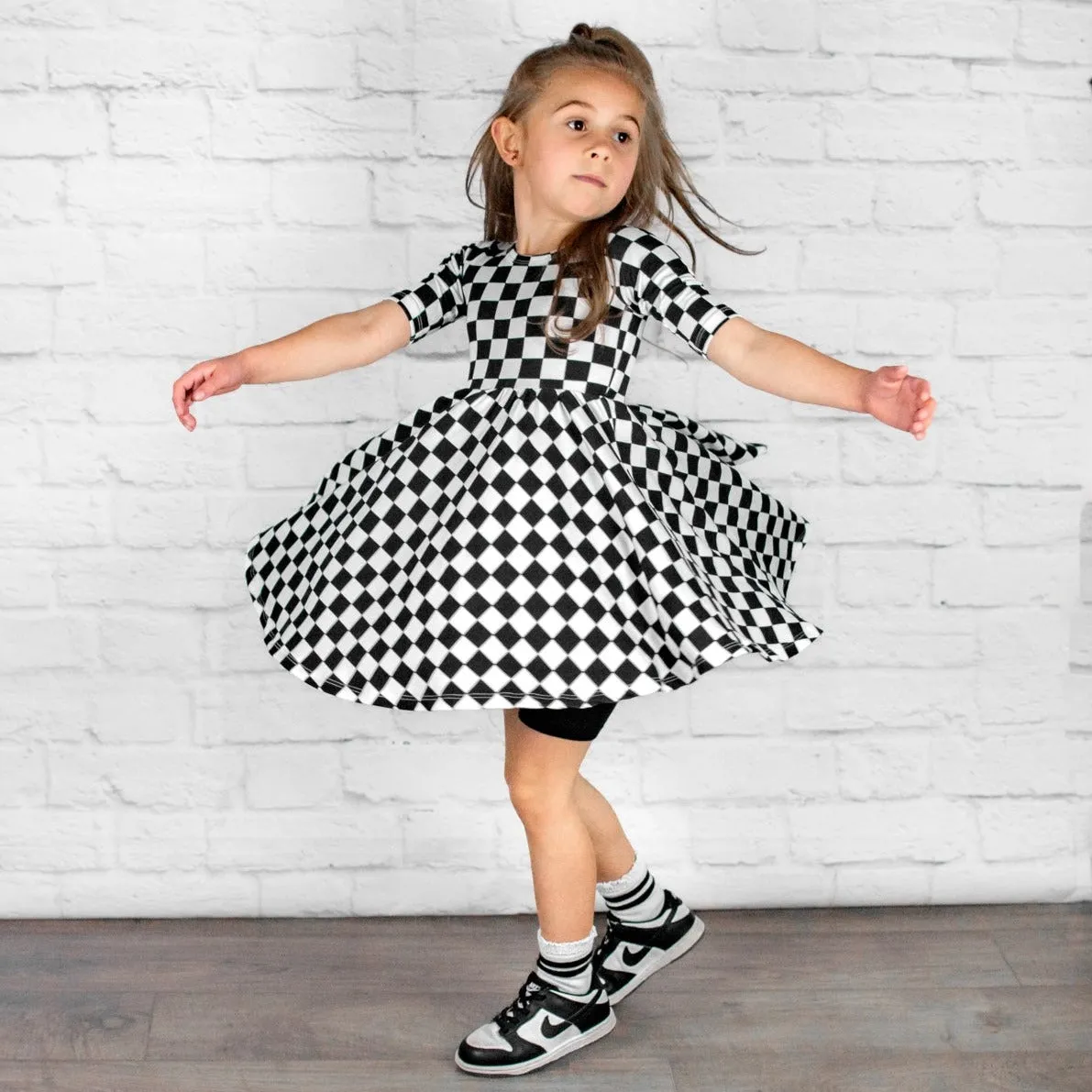 MID SLEEVE TWIRL DRESS- B W Check