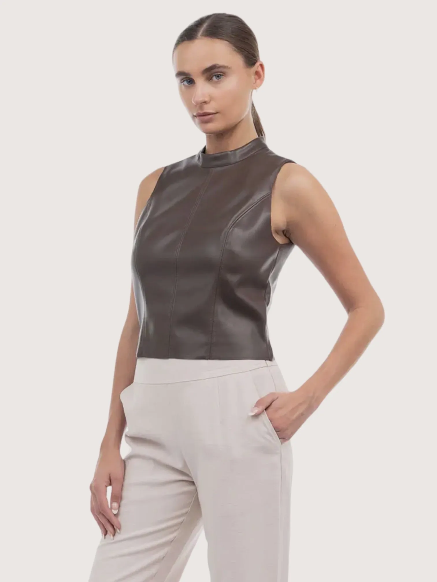 Mock Neck Leather Tank Top | Chocolate