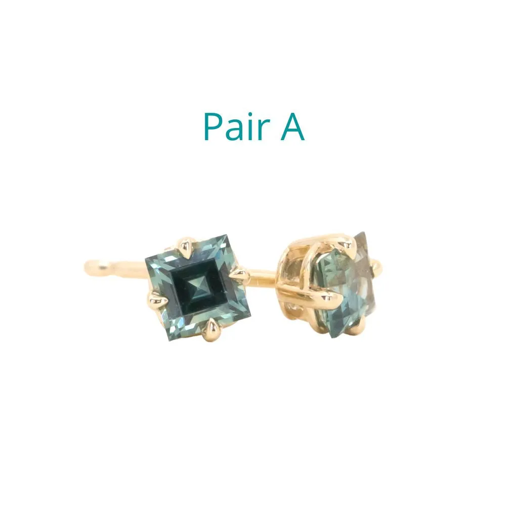 Montana Sapphire Carre Cut Stud Earrings in 14k Yellow and Rose Gold