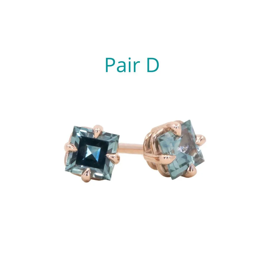 Montana Sapphire Carre Cut Stud Earrings in 14k Yellow and Rose Gold