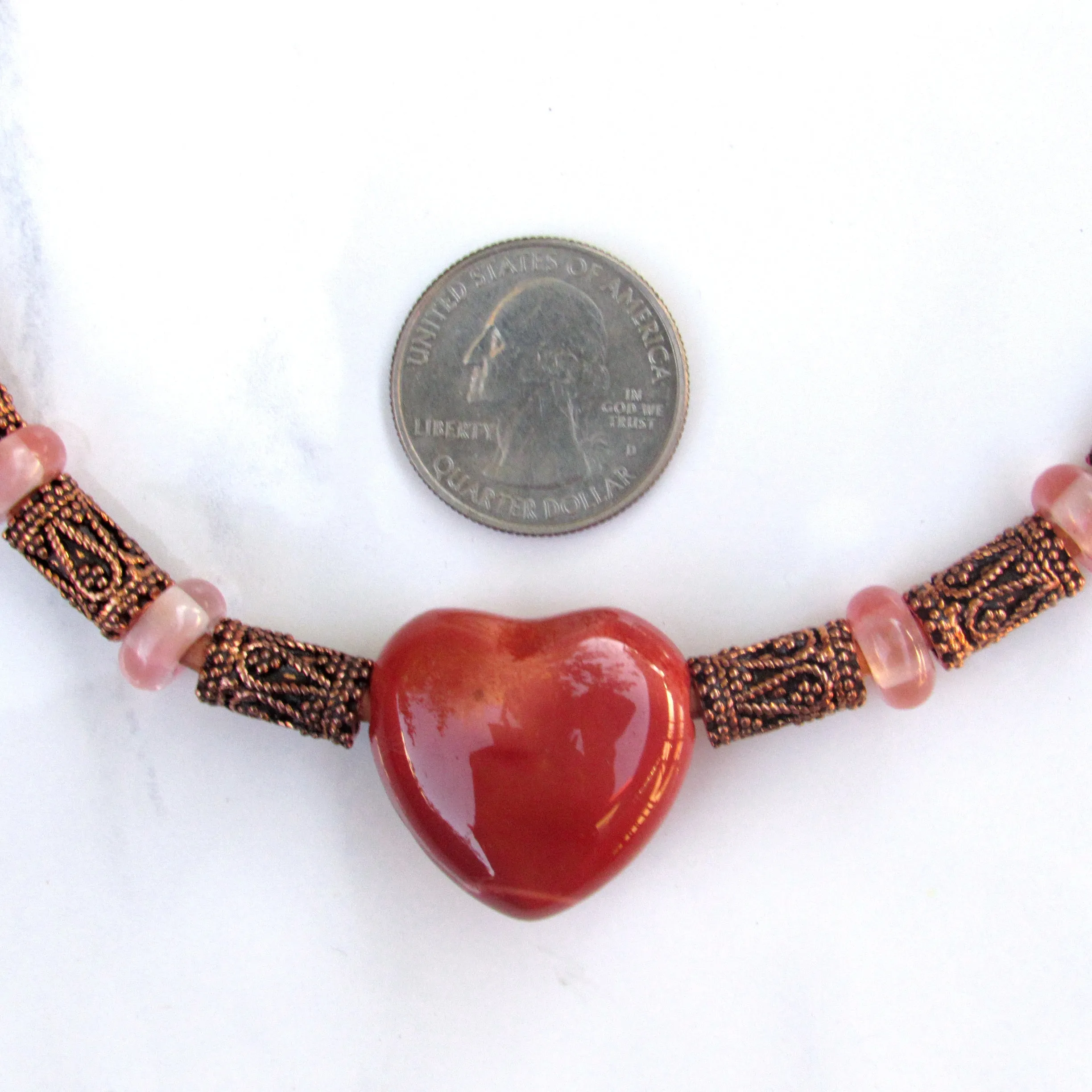 Mookaite gemstone Heart, Cherry Quartz, Copper, and Leather Necklace