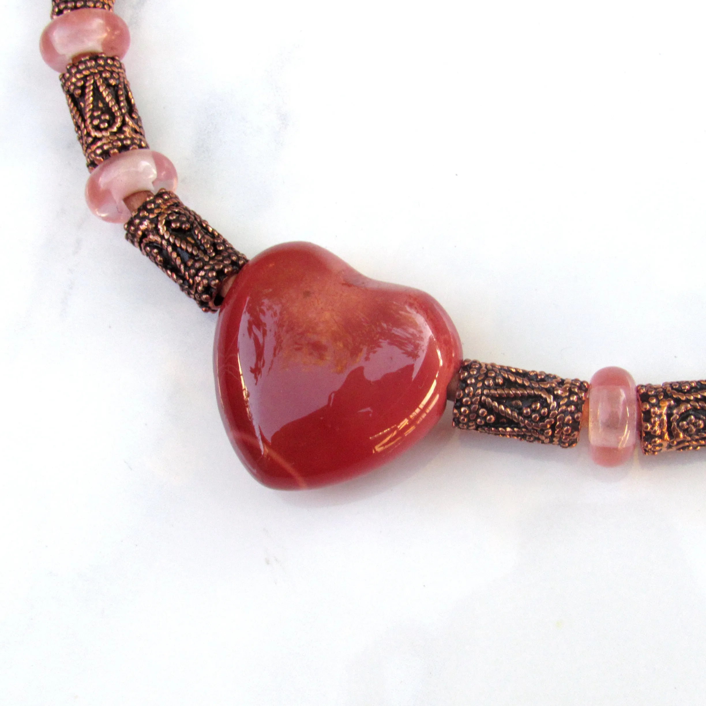 Mookaite gemstone Heart, Cherry Quartz, Copper, and Leather Necklace