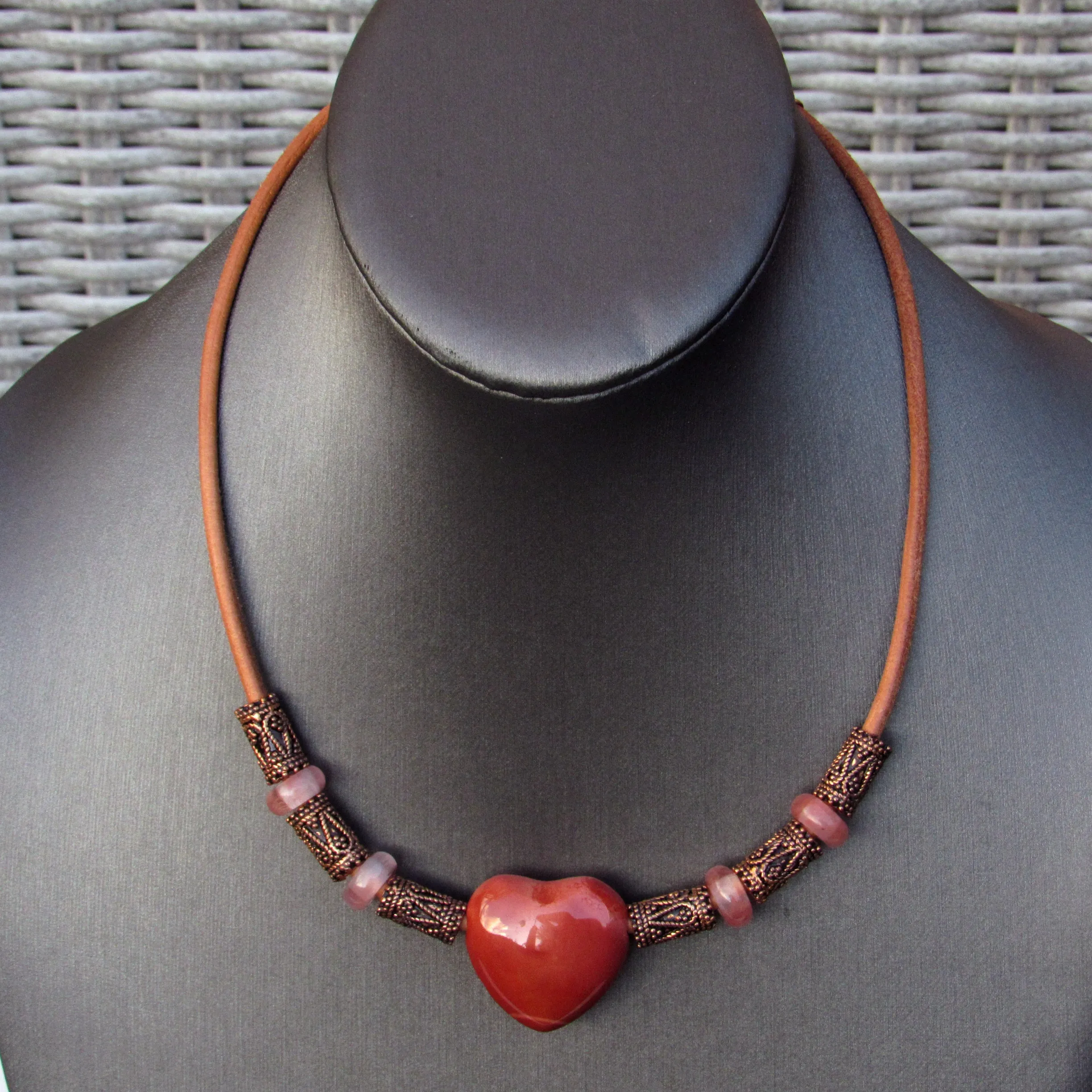 Mookaite gemstone Heart, Cherry Quartz, Copper, and Leather Necklace