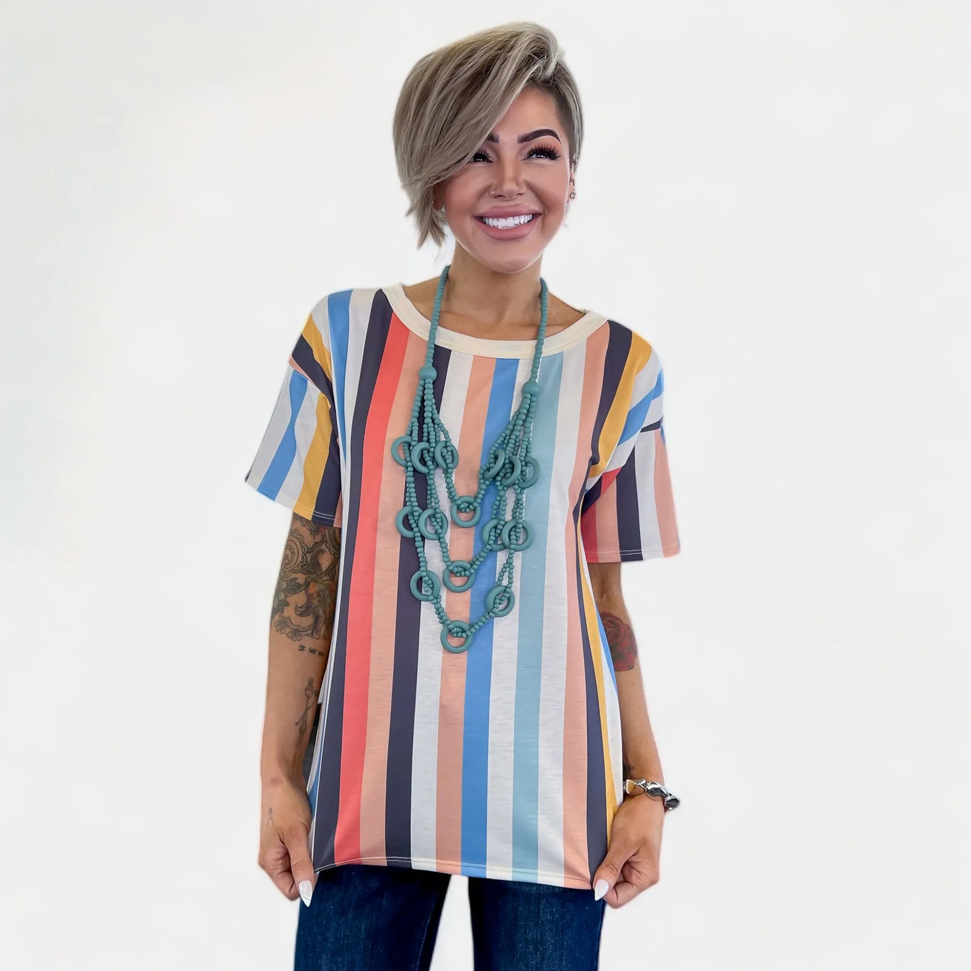 Multi Color Stripe Short Sleeve Top