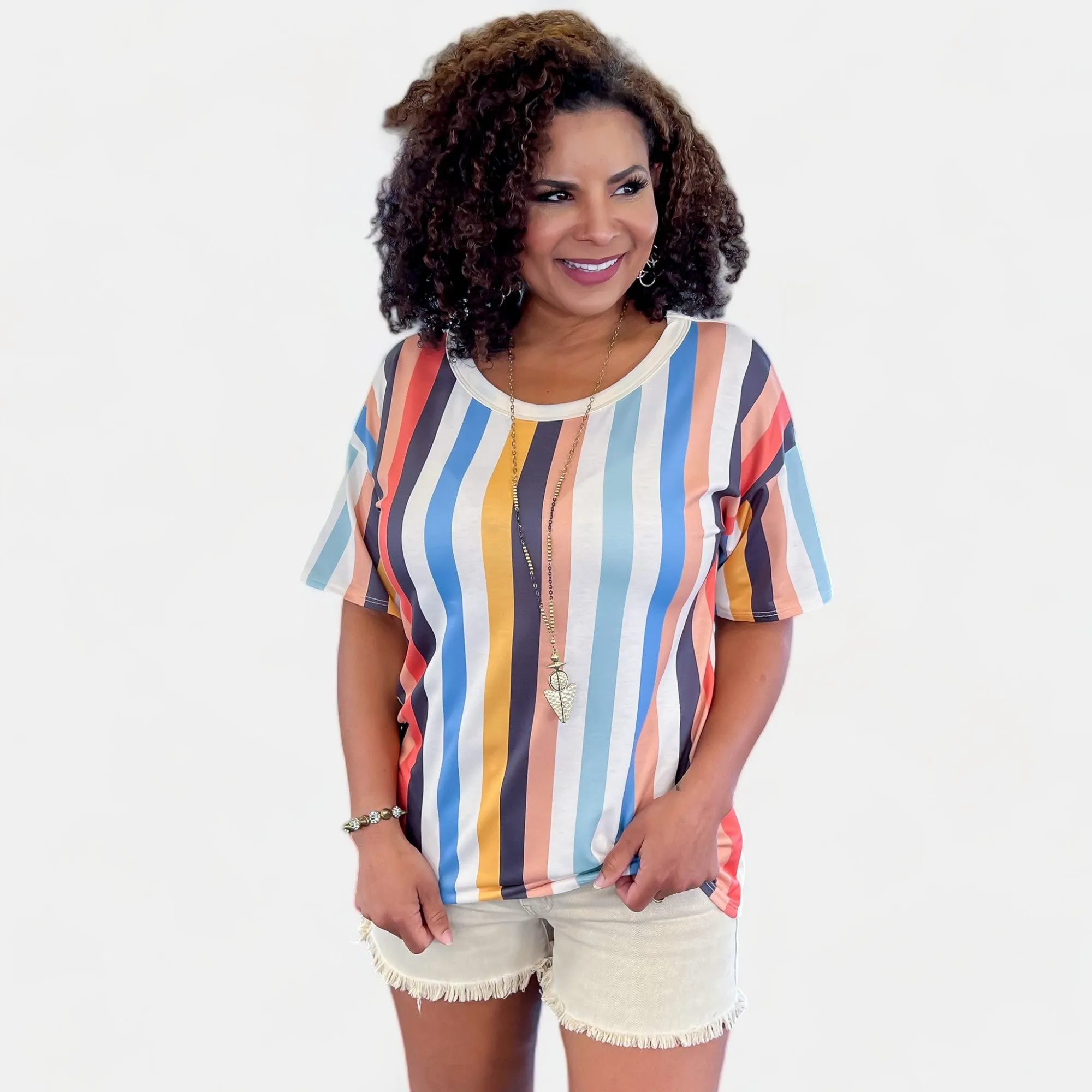 Multi Color Stripe Short Sleeve Top