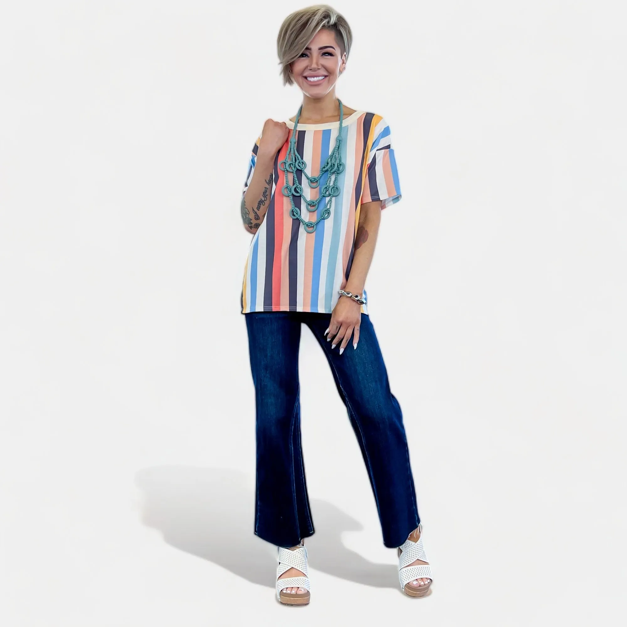 Multi Color Stripe Short Sleeve Top