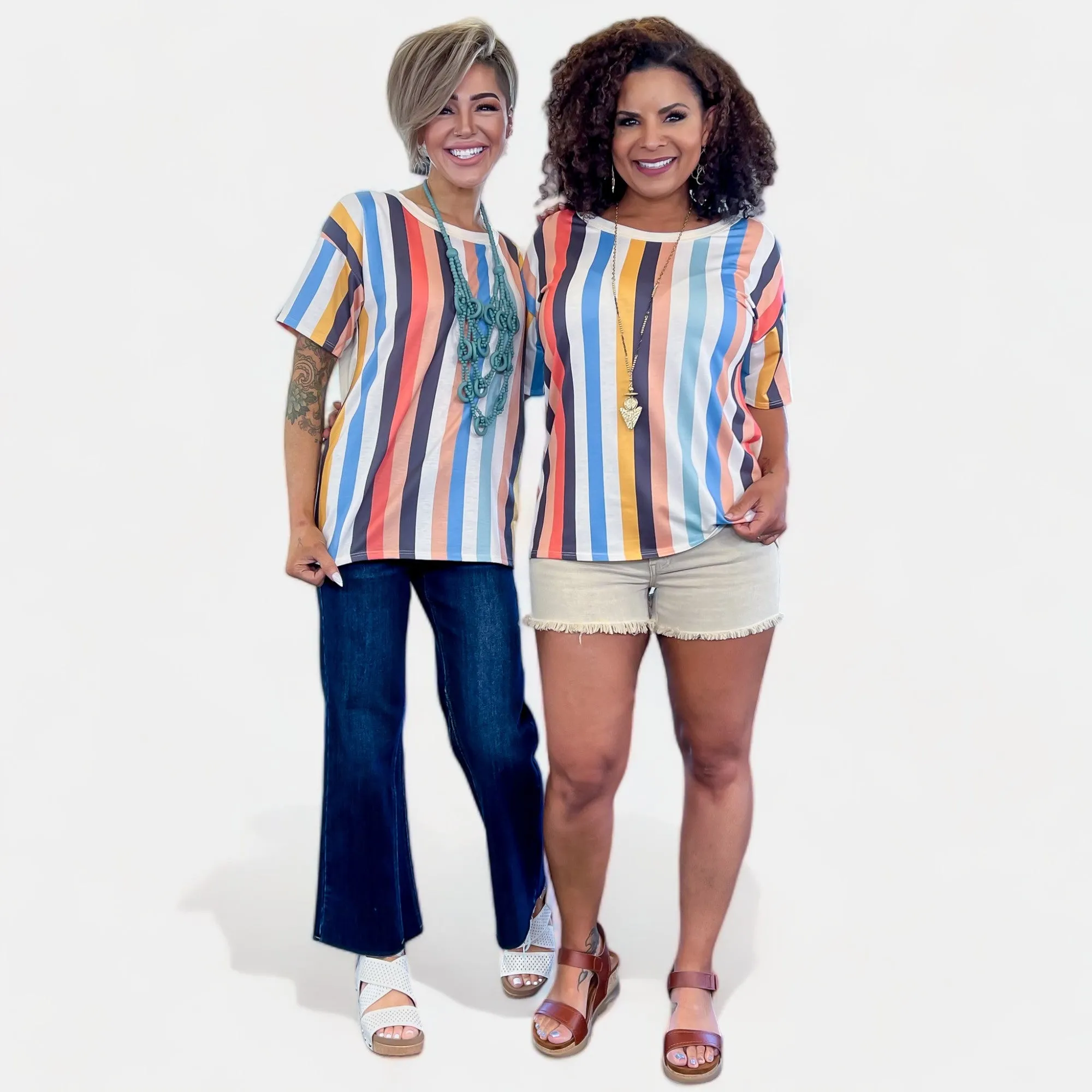 Multi Color Stripe Short Sleeve Top