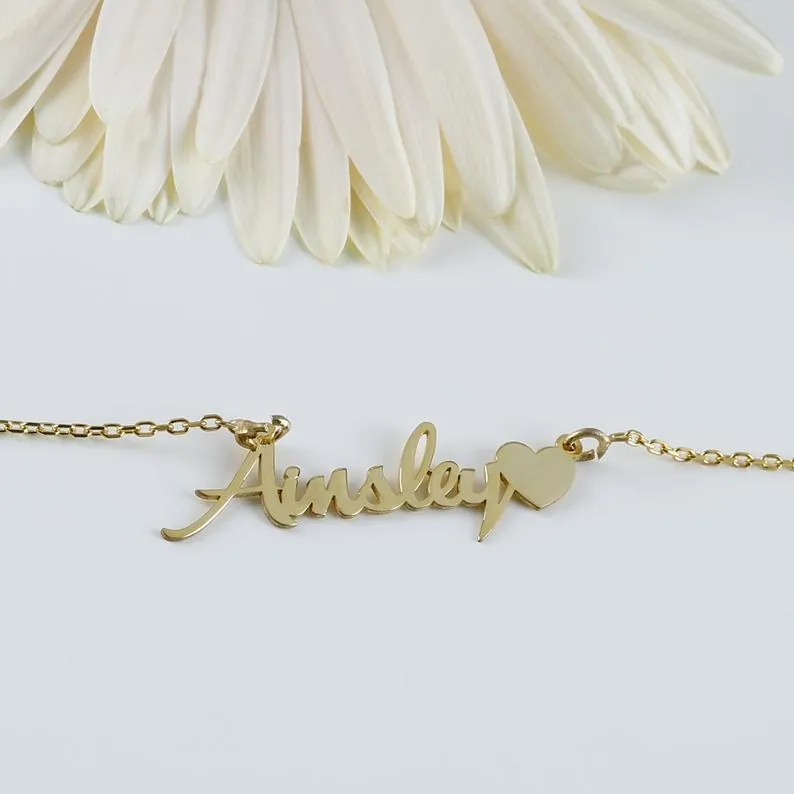 Name Necklace with Heart, Gold Name Necklace, Custom Word Necklace, Personalized Gift for Women, Personalized Necklace, My Name Necklace