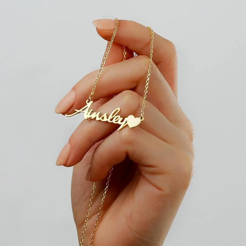 Name Necklace with Heart, Gold Name Necklace, Custom Word Necklace, Personalized Gift for Women, Personalized Necklace, My Name Necklace