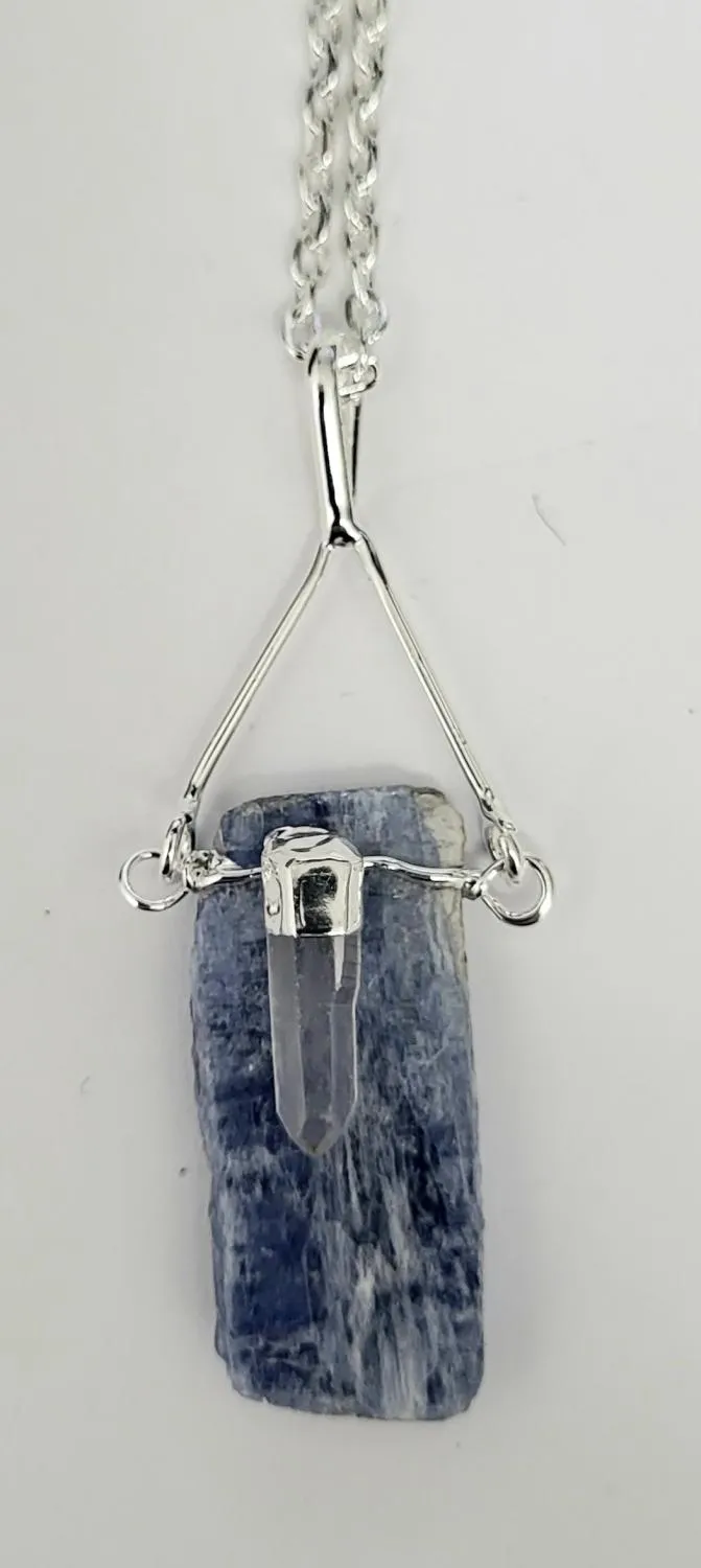 Necklace, Blue Kyanite & Clear Quartz Point on Silver Chain