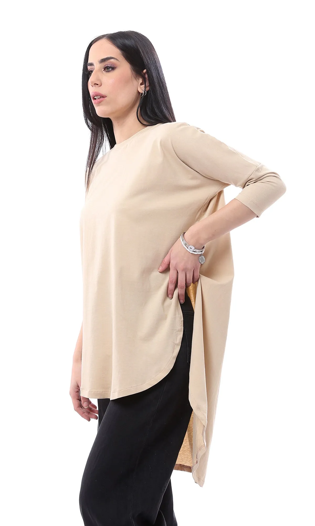 O165470 High-Low Elbow Sleeves Dark Beige Long Tee