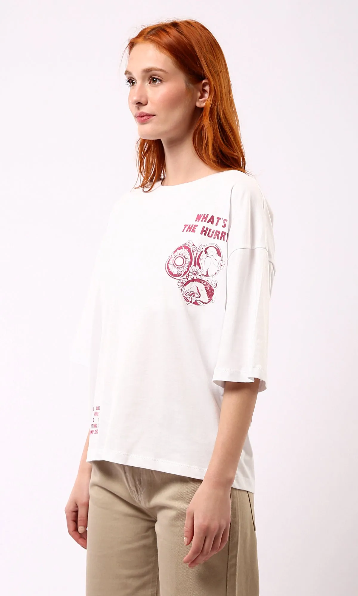 O178793 Crew Neck Printed White Loose Fit Cotton Tee