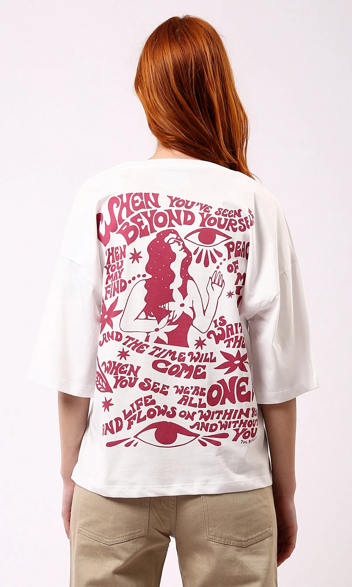 O178793 Crew Neck Printed White Loose Fit Cotton Tee