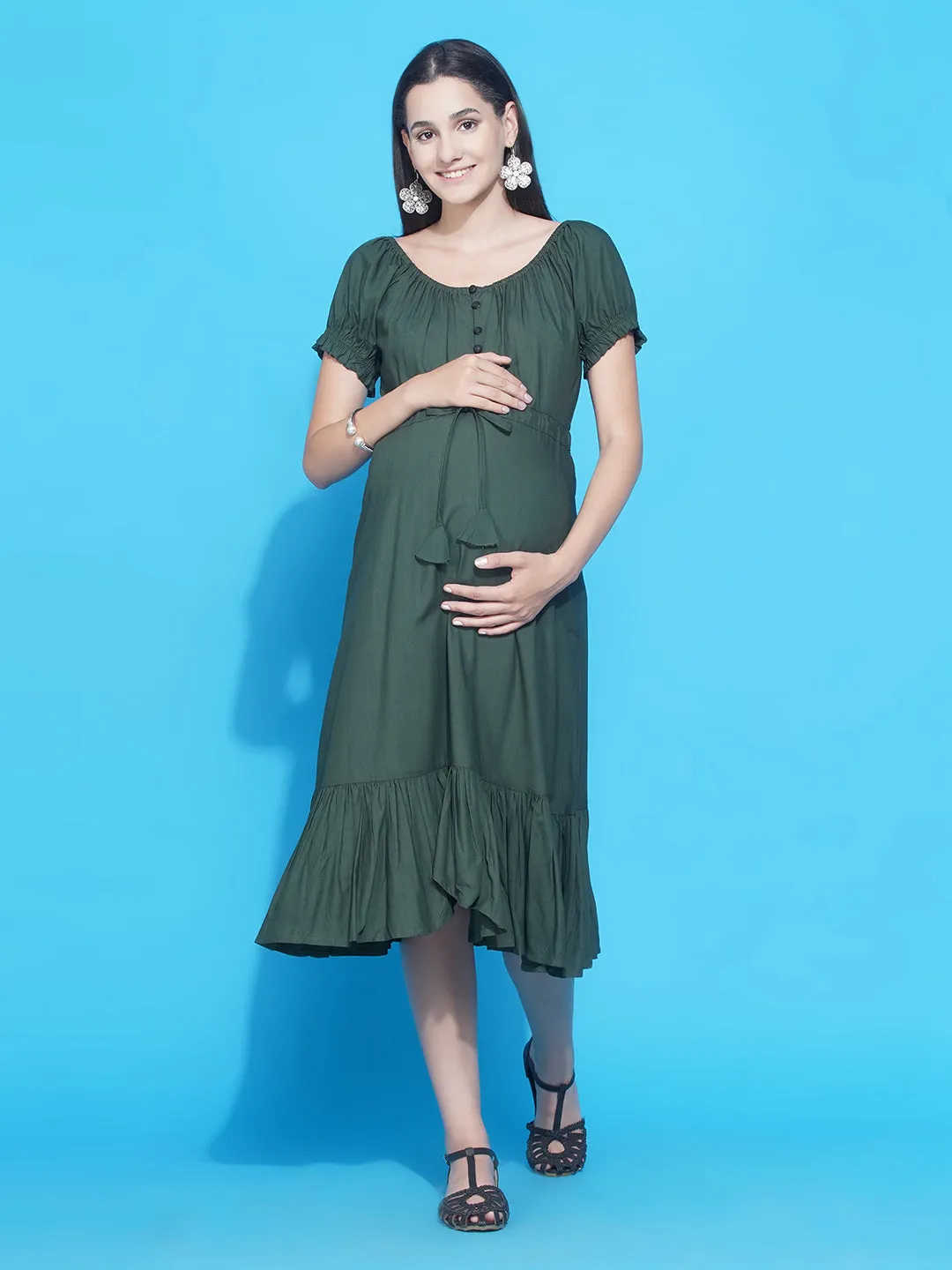 Olive Green Asymmetric Viscose Rayon Maternity & Nursing Dress