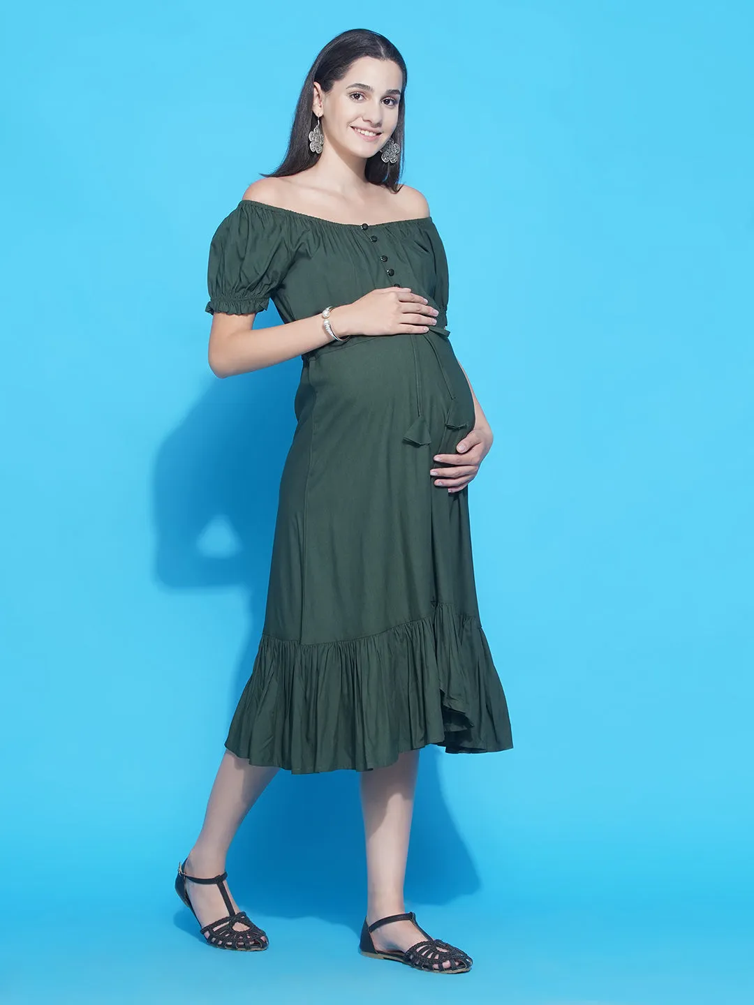 Olive Green Asymmetric Viscose Rayon Maternity & Nursing Dress