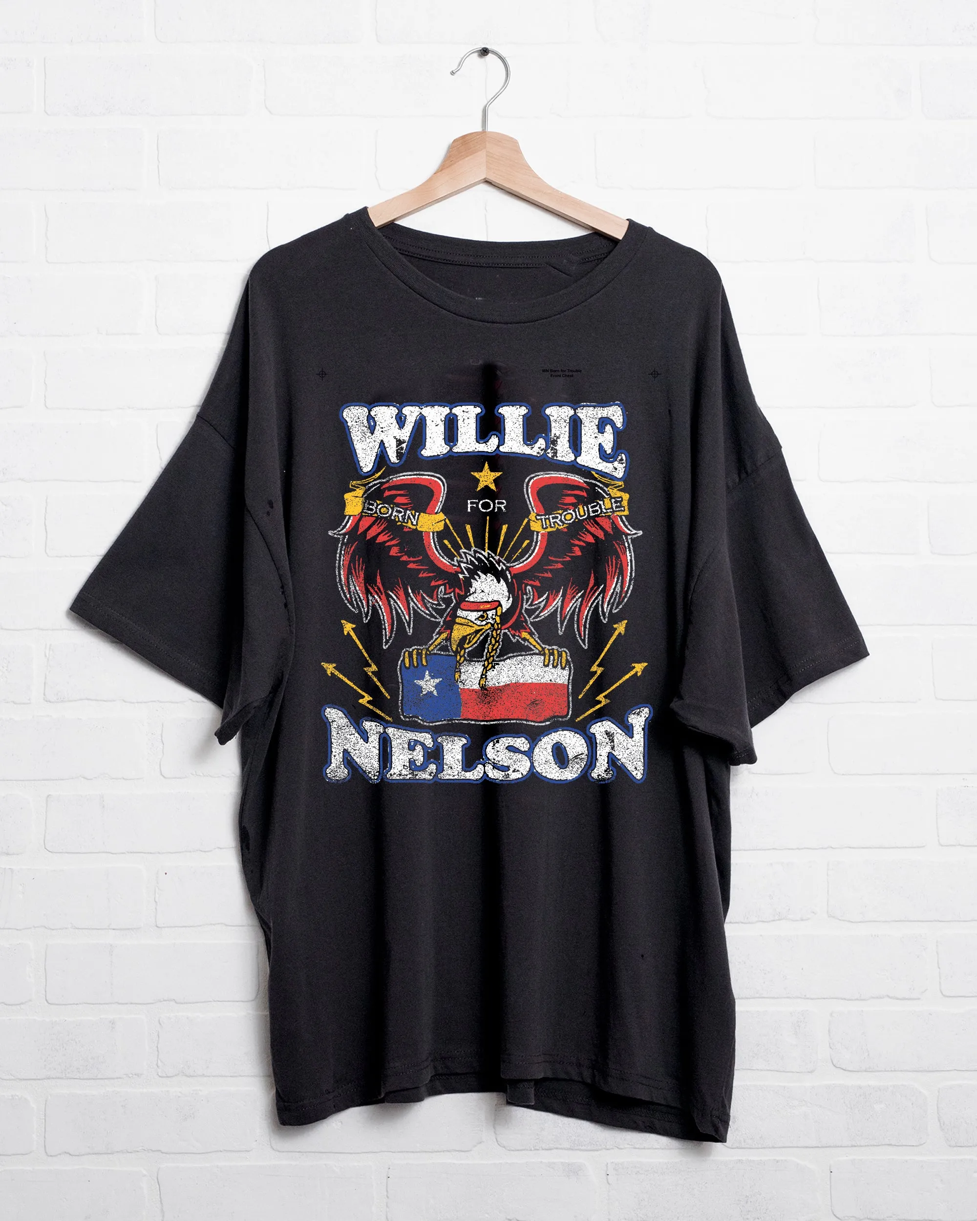 One Size Willie Nelson Born For Trouble Off Black Oversized Tee