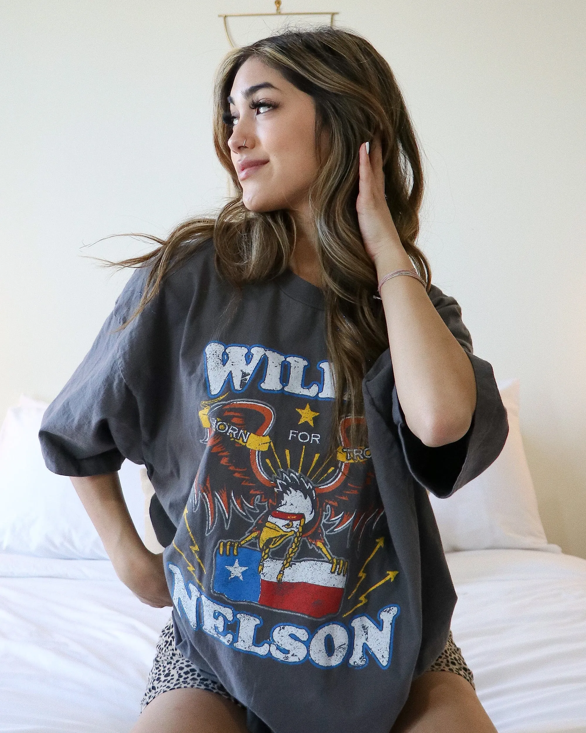 One Size Willie Nelson Born For Trouble Off Black Oversized Tee