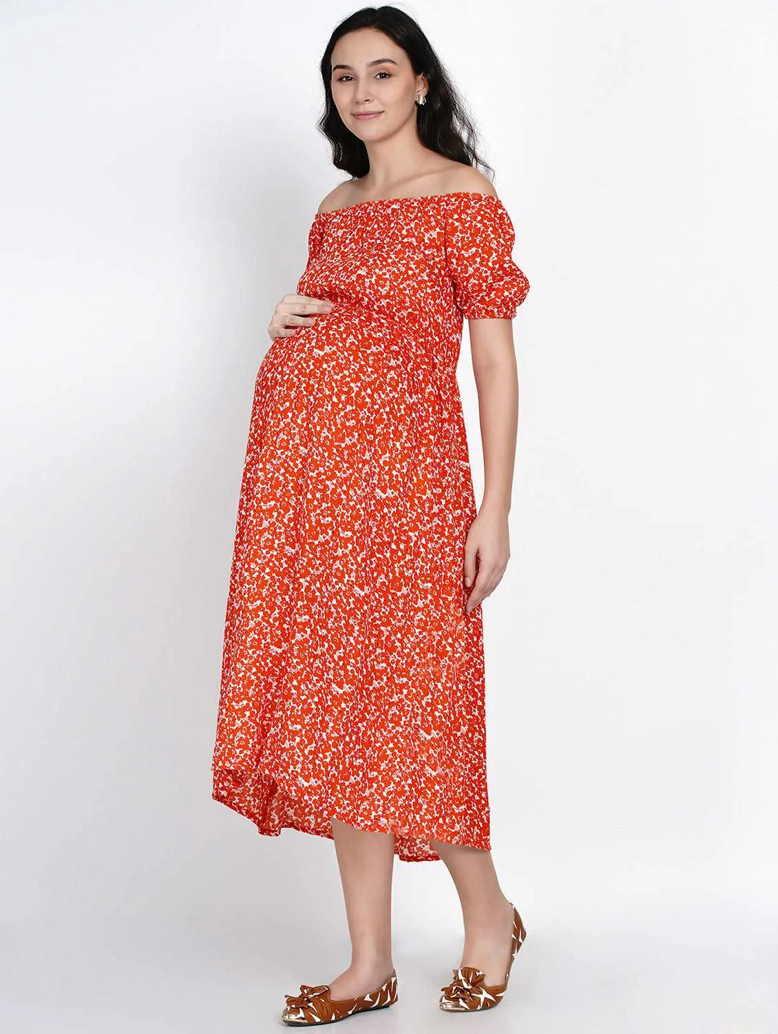 Orange Floral Print Maternity and Nursing Midi Dress