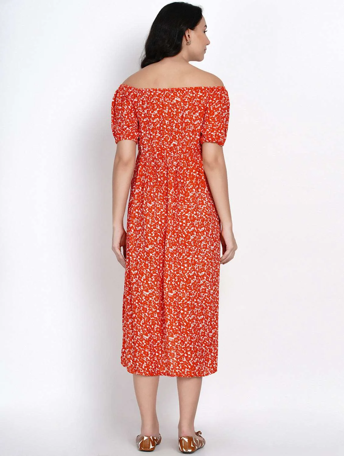 Orange Floral Print Maternity and Nursing Midi Dress