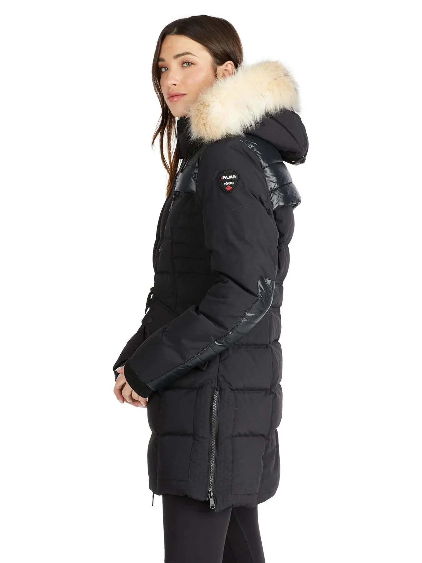 Pajar Womens Alia Mixed Media Quilted Parka with Det Hood Fur Trim - BLACK