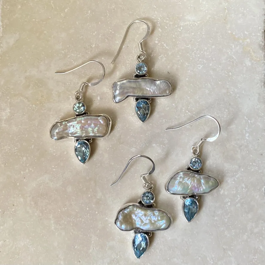 Pearl & Blue Topaz Earrings