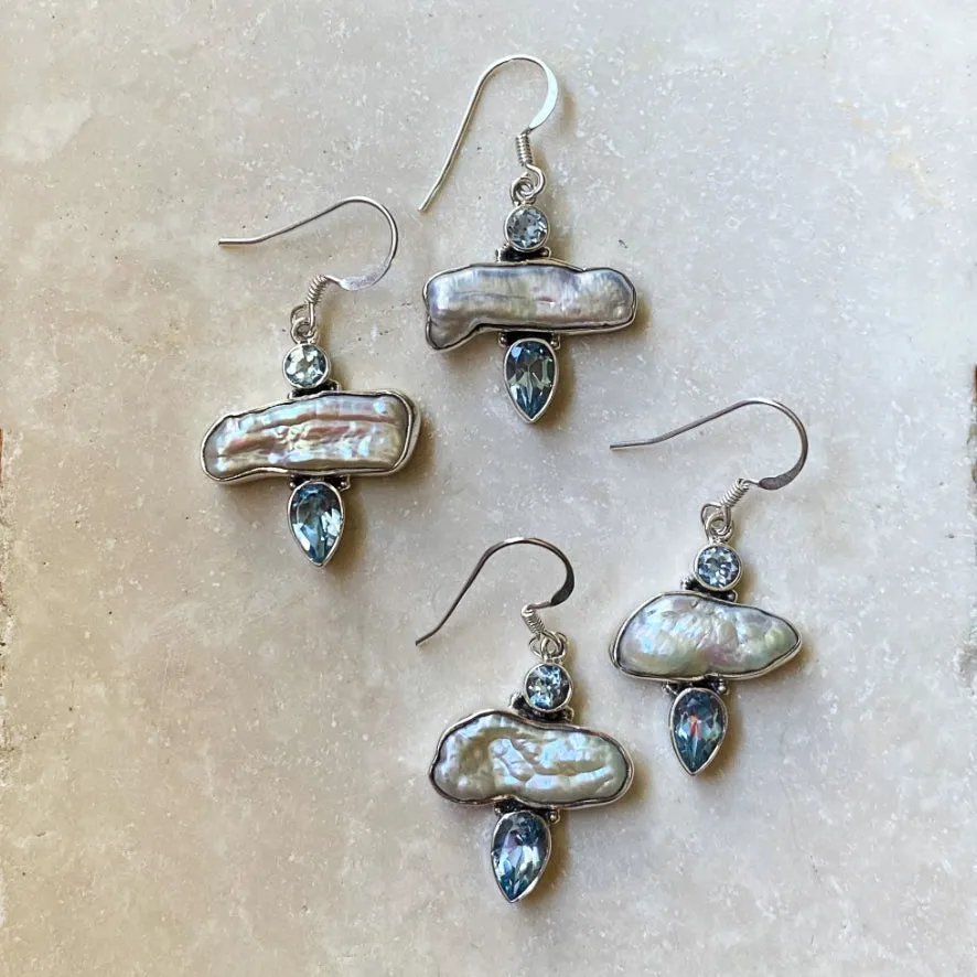 Pearl & Blue Topaz Earrings