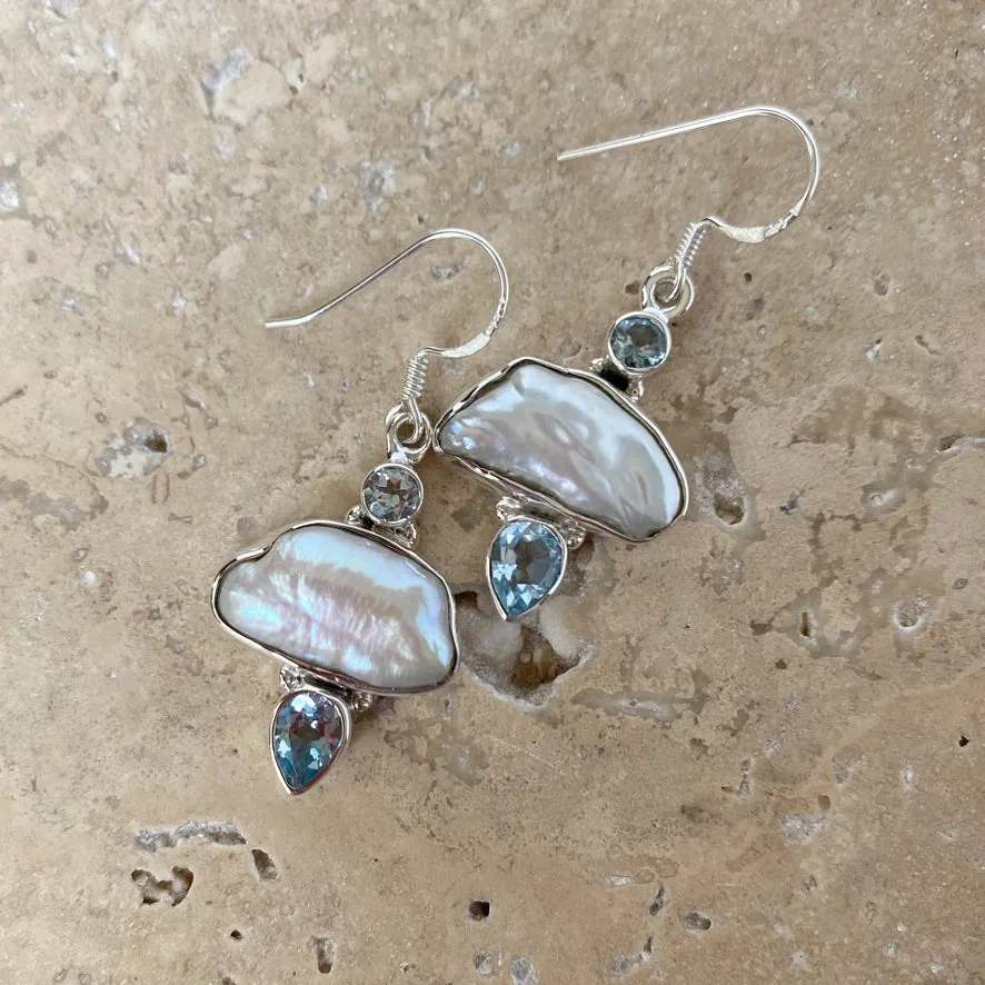 Pearl & Blue Topaz Earrings