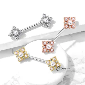 Pearl and Crystal Paved Gold Plated Vintage Square Flower Nipple Barbells