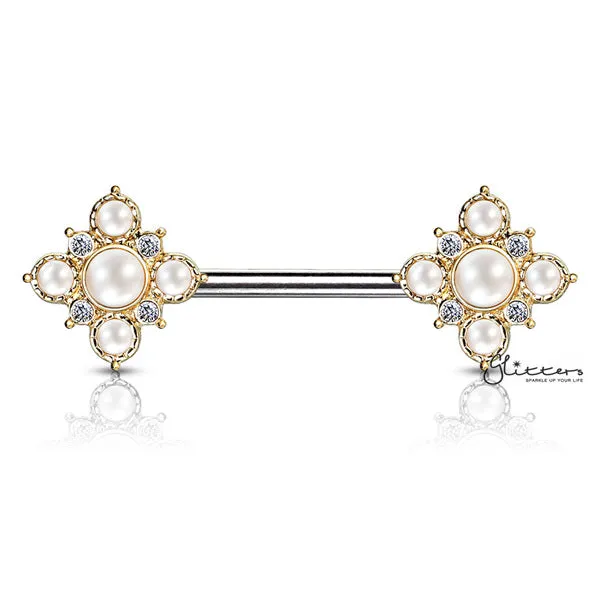 Pearl and Crystal Paved Gold Plated Vintage Square Flower Nipple Barbells