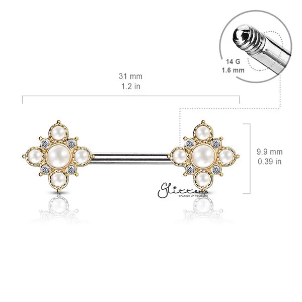 Pearl and Crystal Paved Gold Plated Vintage Square Flower Nipple Barbells