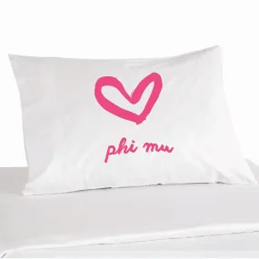 Phi Mu Sorority Name with Heart Design on Printed Pillowcase