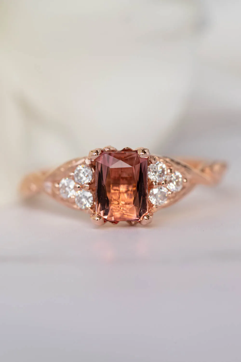 Pink tourmaline and diamonds engagement ring, emerald cut gemstone gold ring / Gloria