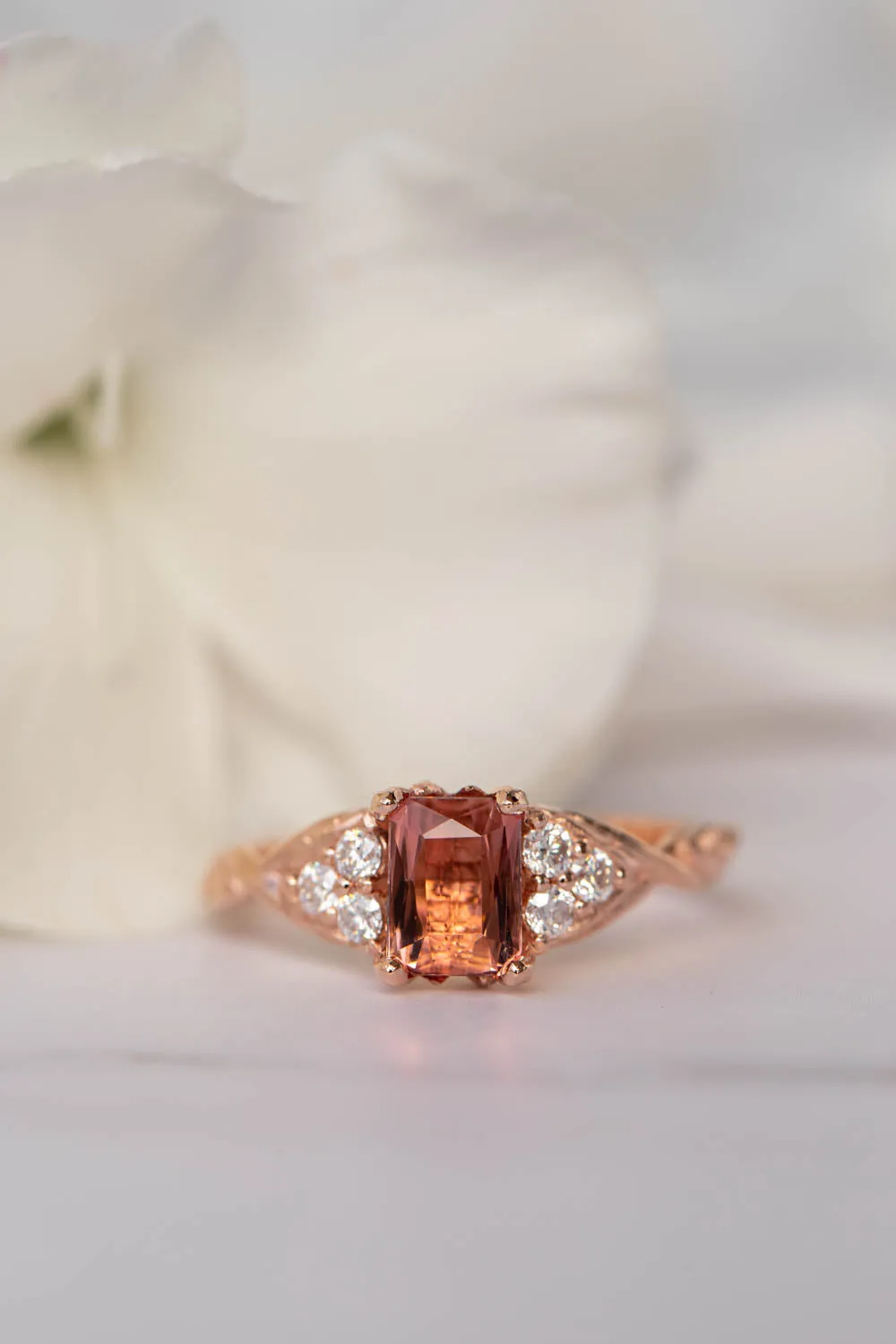 Pink tourmaline and diamonds engagement ring, emerald cut gemstone gold ring / Gloria