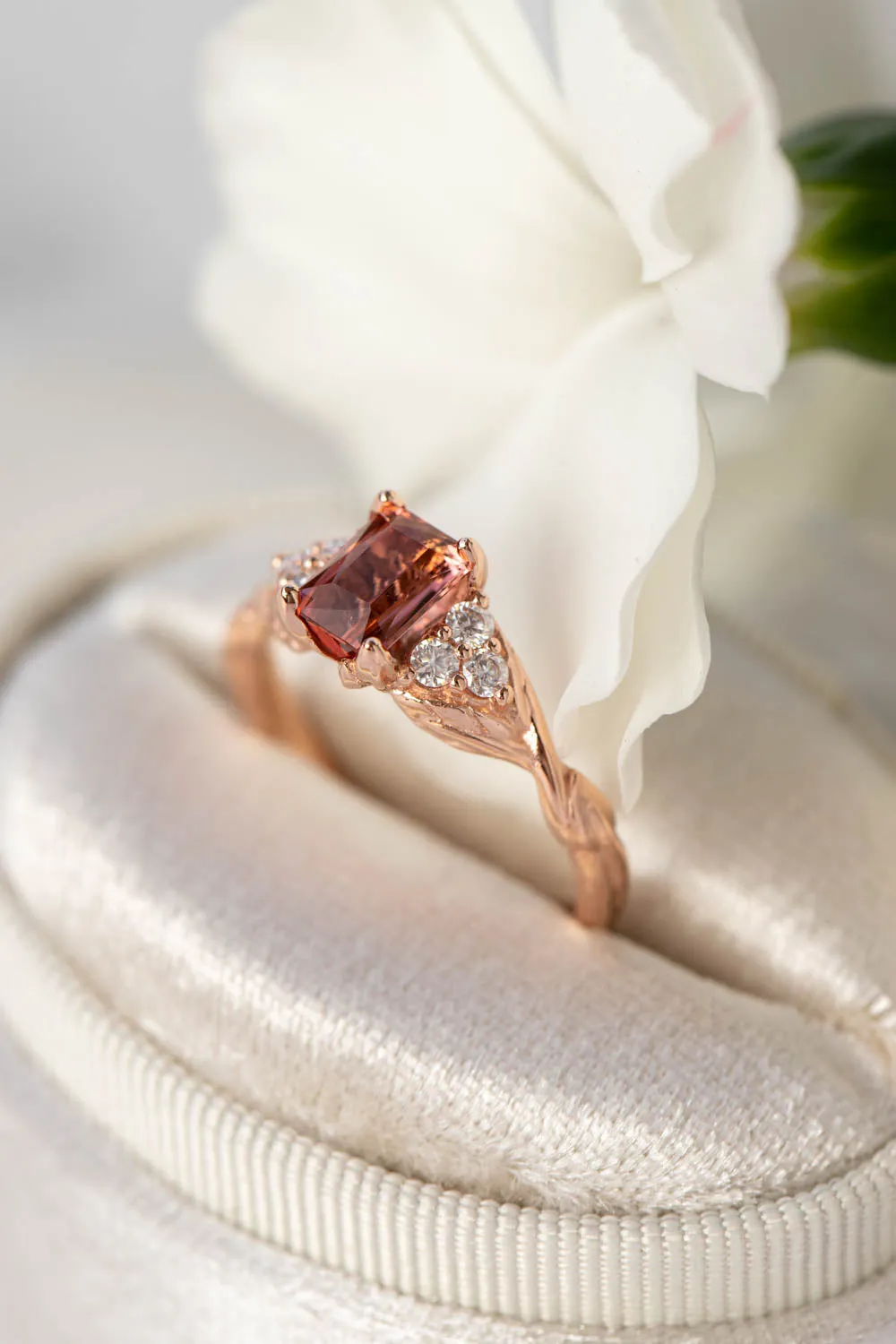 Pink tourmaline and diamonds engagement ring, emerald cut gemstone gold ring / Gloria