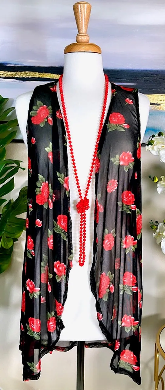 Red Rose Black Sheer Vest