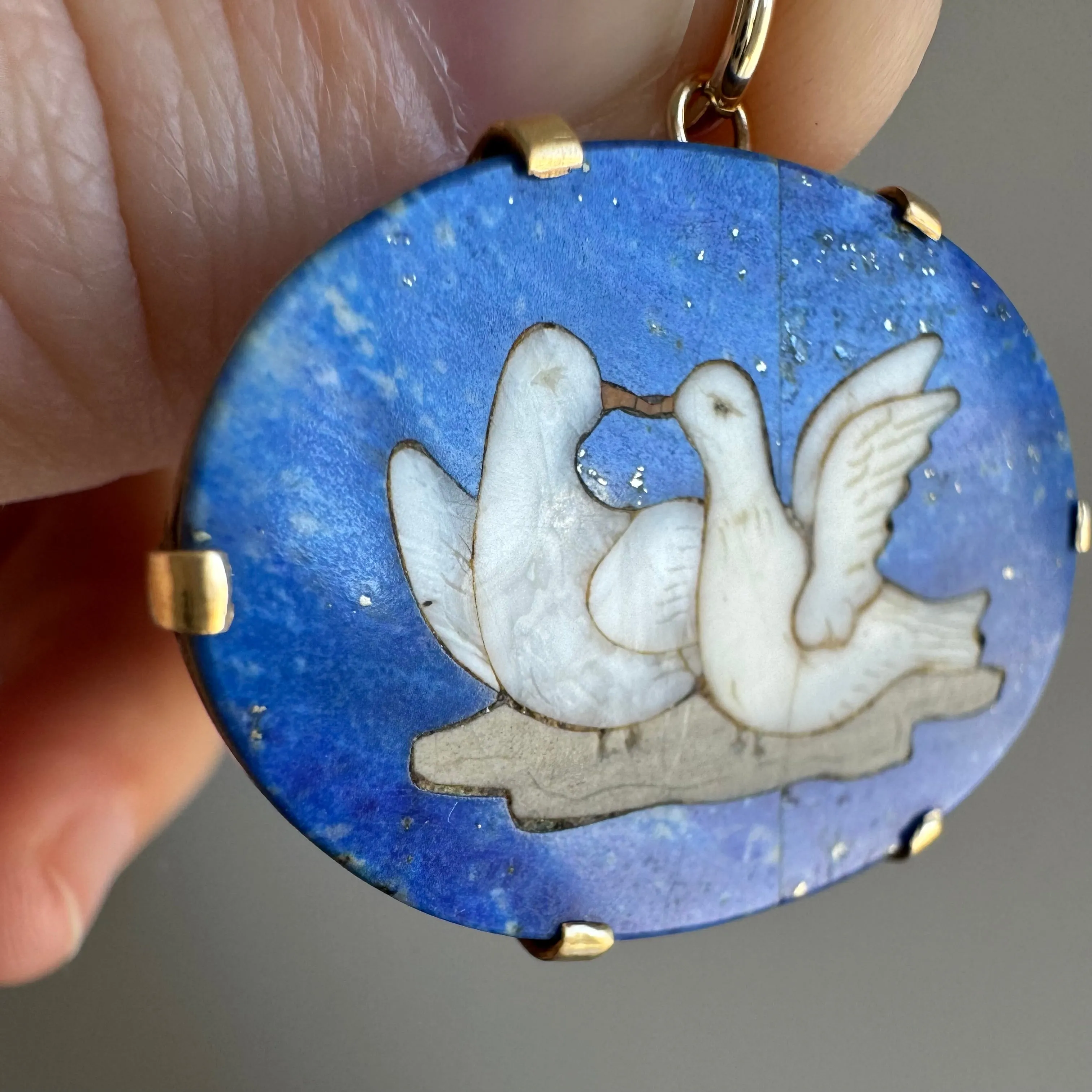 reimagined A N T I Q U E // love puzzle / 14k and lapis pietra dura love dove mosaic / a conversion pendant