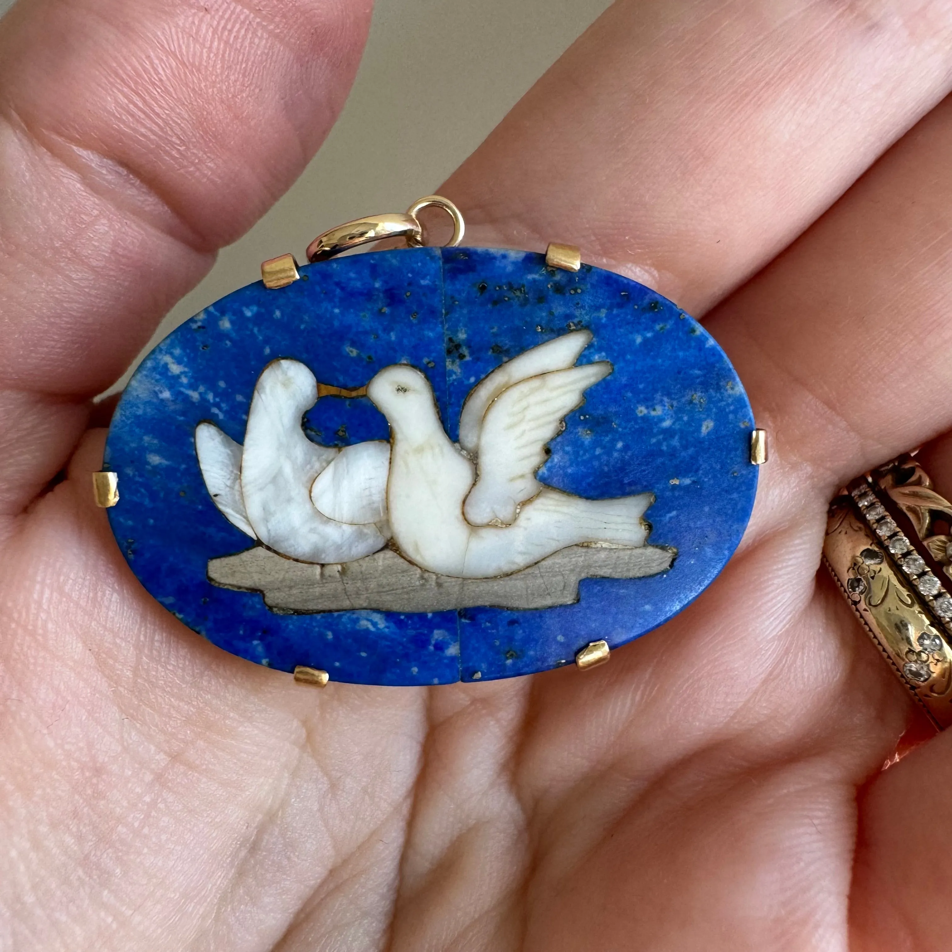 reimagined A N T I Q U E // love puzzle / 14k and lapis pietra dura love dove mosaic / a conversion pendant