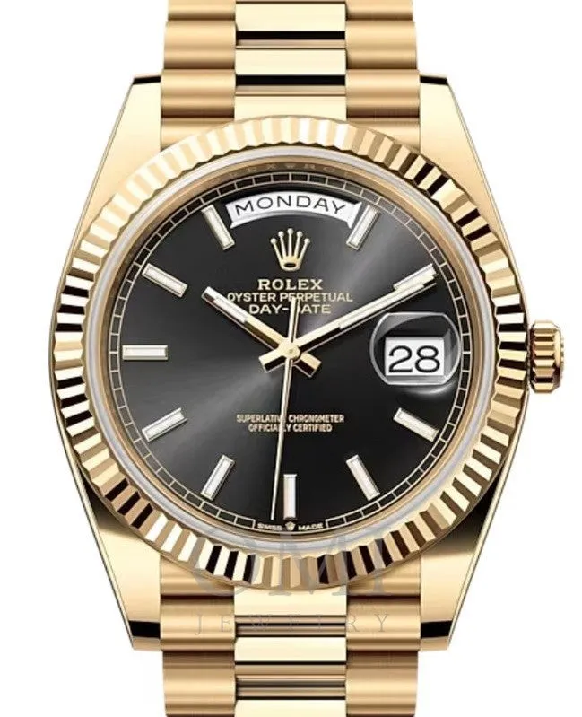 ROLEX DAY-DATE 40 PRESIDENT YELLOW GOLD BLACK INDEX DIAL 228238 WITH YELLOW GOLD PRESIDENT OYSTER BRACELET