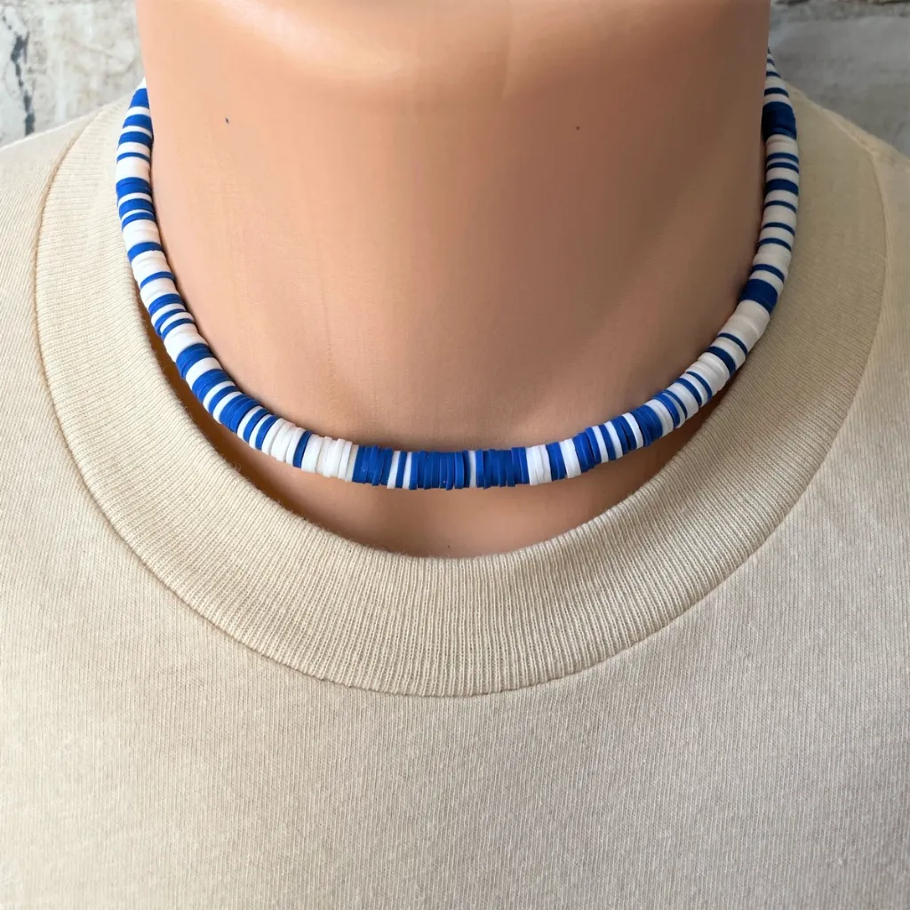 Royal Blue and White Mens Polymer Beaded Necklace