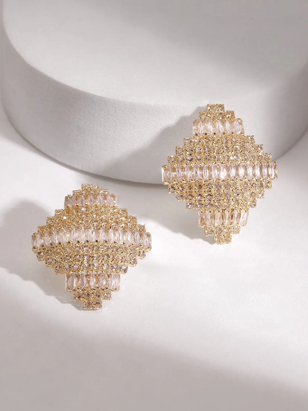 Rubans Women's Gold Plated Zirconia Studded Geometrical Stud Earrings