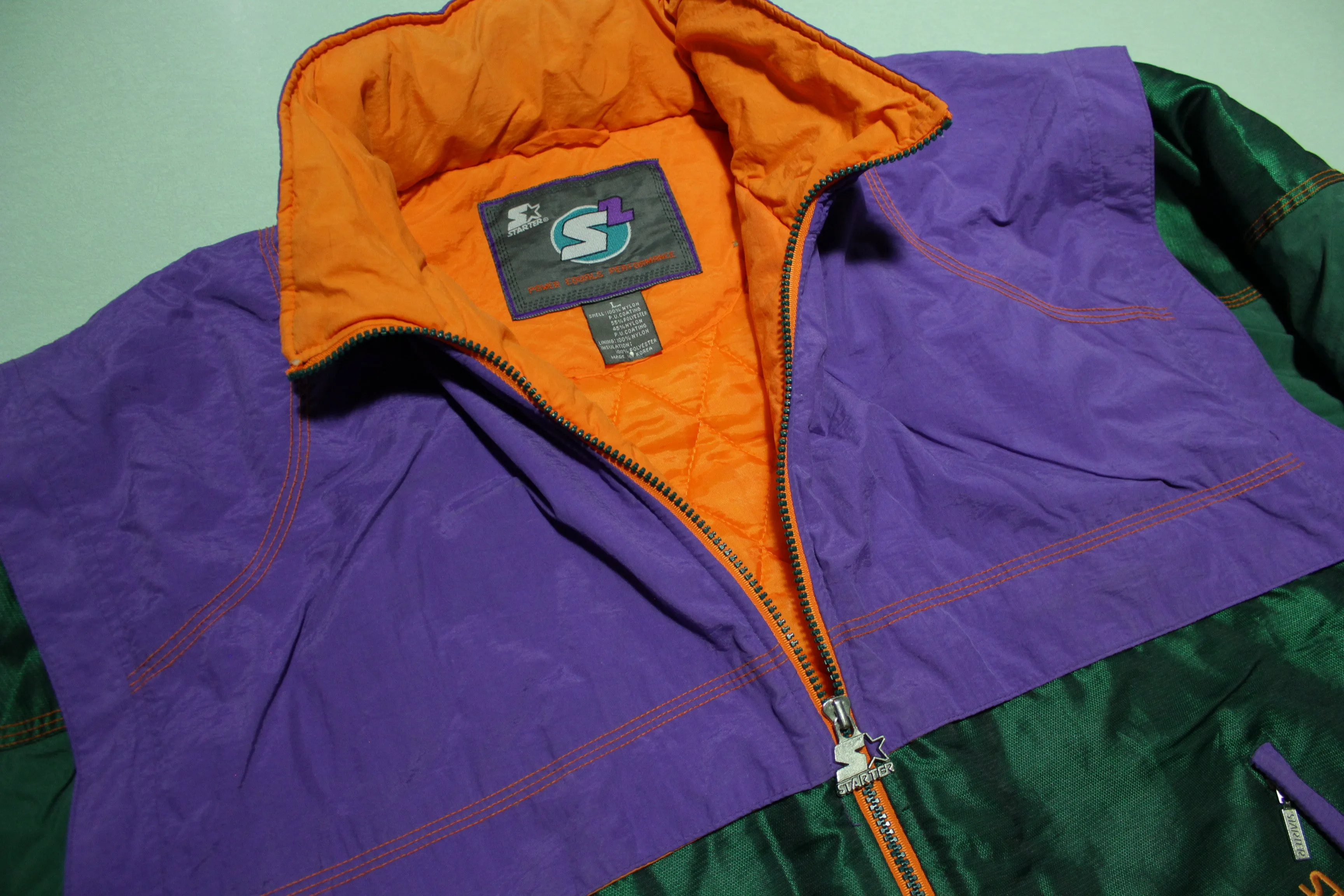 S2 Color Block Purple Green Big Logo Vintage 90's Starter Zip Up Hoodie Parka Jacket