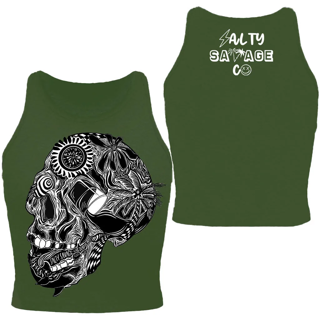 Salty Savage Ladies "Out of My Mind" Skull High Neck Cropped Tank | Olive