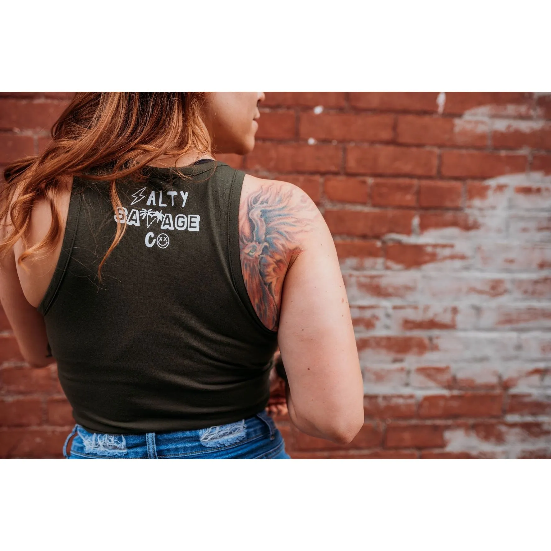 Salty Savage Ladies "Out of My Mind" Skull High Neck Cropped Tank | Olive