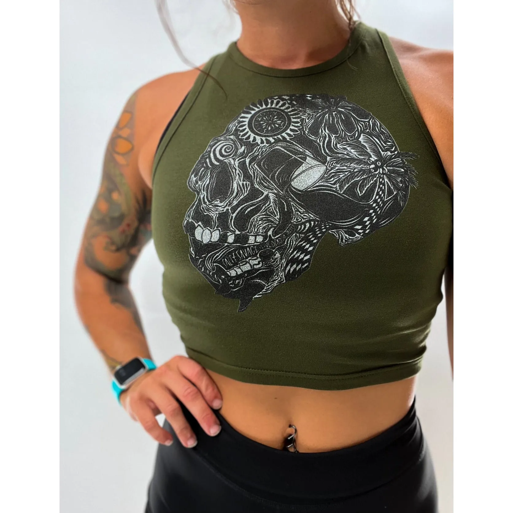 Salty Savage Ladies "Out of My Mind" Skull High Neck Cropped Tank | Olive