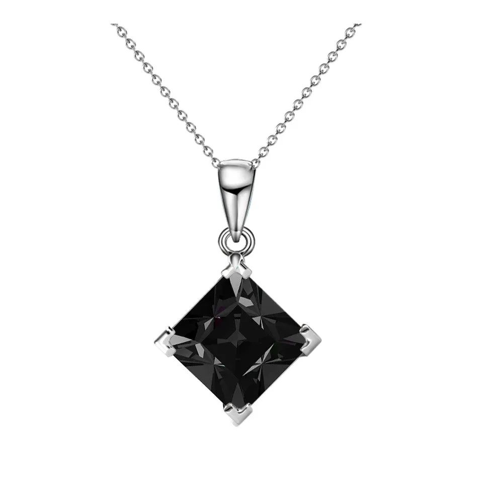 Samantha 18k White Gold Plated Princess Cut Solitaire Necklace with Black Crystal