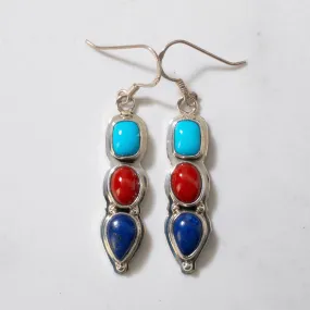 Sleeping Beauty Turquoise, Red Coral, & Lapis Dangle Navajo USA Native American Made 925 Sterling Silver Earrings with French Hook