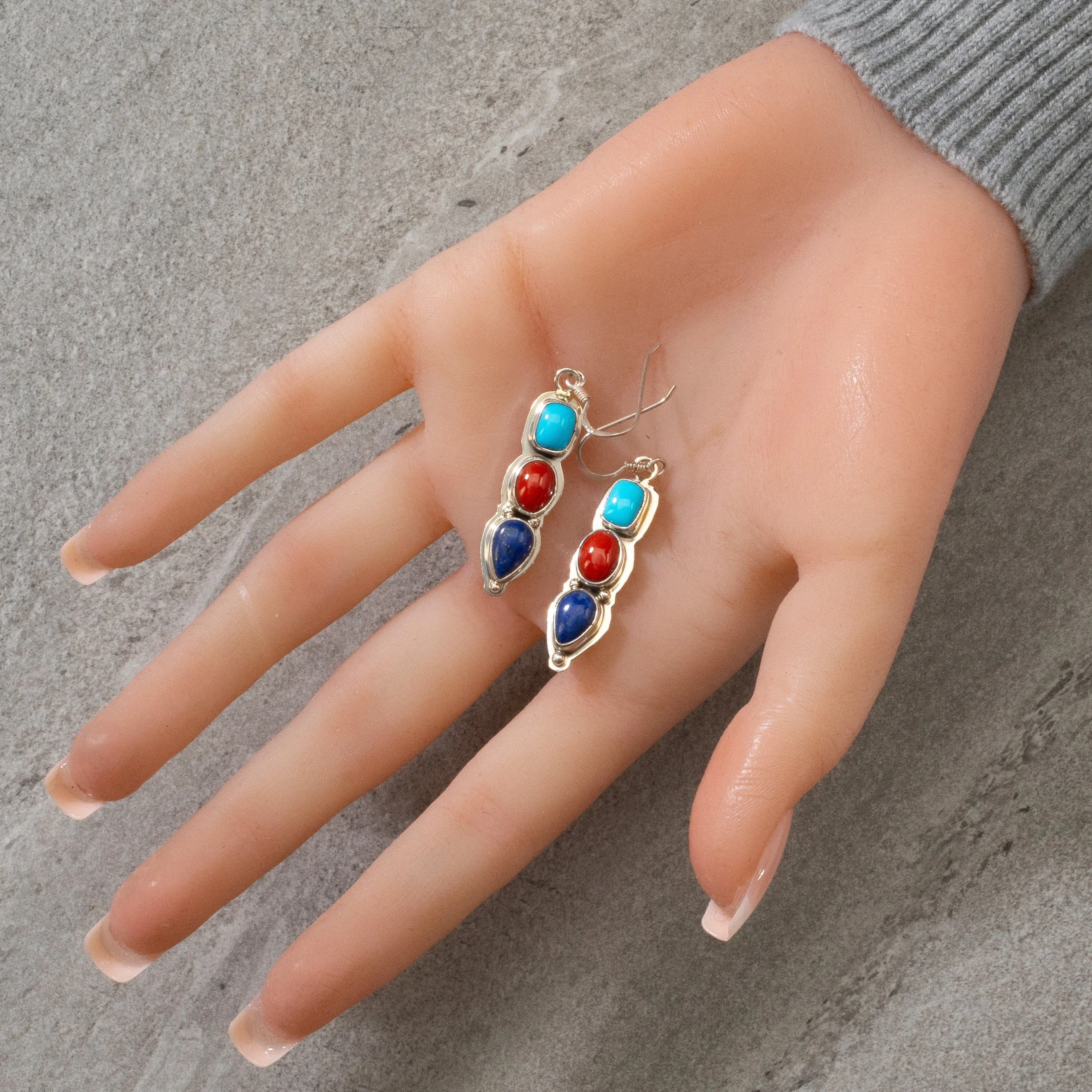 Sleeping Beauty Turquoise, Red Coral, & Lapis Dangle Navajo USA Native American Made 925 Sterling Silver Earrings with French Hook