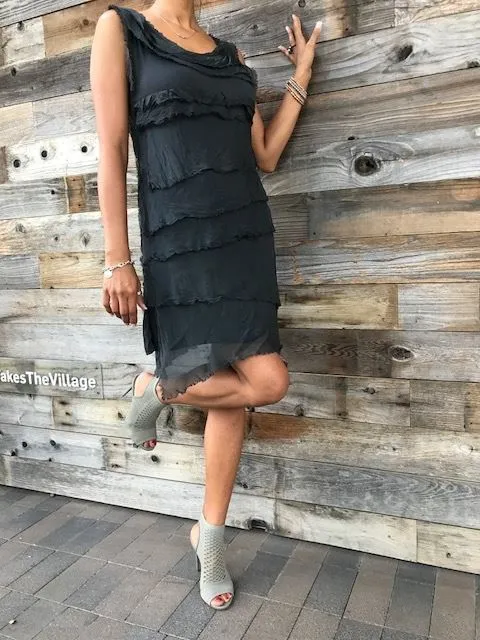 Sleeveless Raw Moda Ruffle Silky Dress